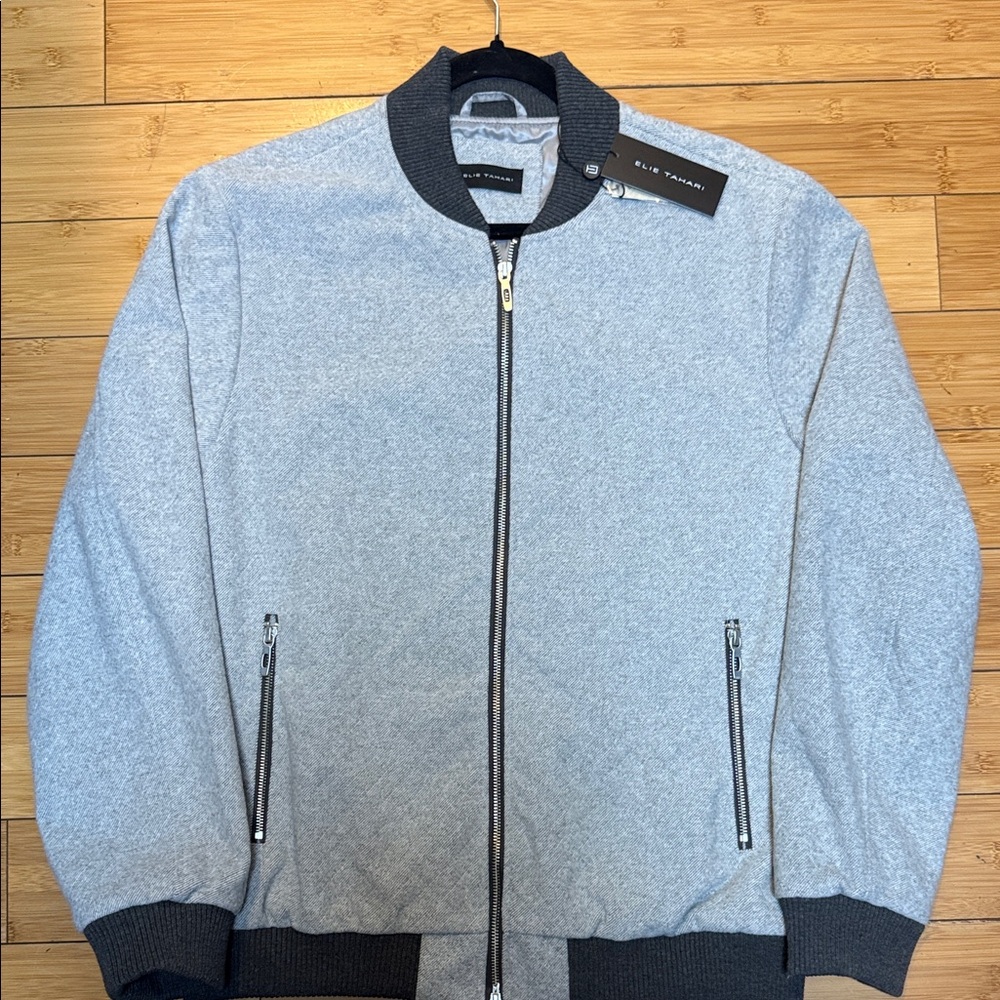 ELIE TAHARI Club Monaco Light Gray Bomber Jacket with Black Trim